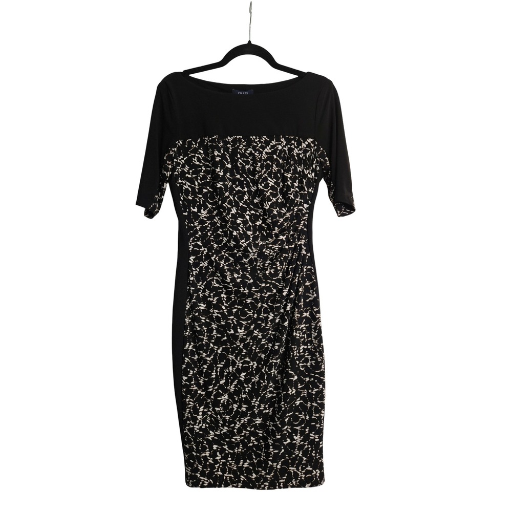 Chaps Women Black Cream Abstract Print Ruched Sheath Dress Size M Short Sleeve